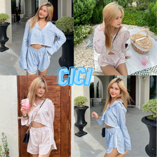 Cici(NO.3128) ชุดSetเสื้อเชิ้ตแขนยาวคอปก+กางเกงขาสั้น กระดุมใช้งานได้จริง น่ารักแบบมินิมอลเกาหลีเกาใจ