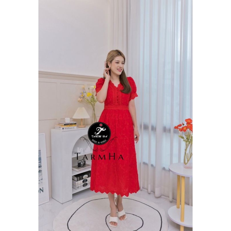 3dชุดสีแดงรับตรุษจีน-s-6xl-dress-เดรสสีแดงปักดอกไม้3มิติแขนพอง-งานป้าย-tarm-ha