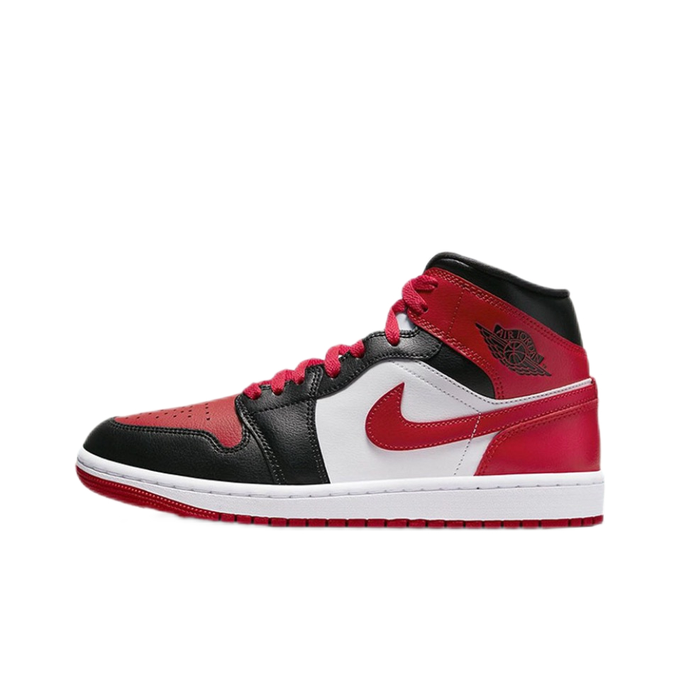 รองเท้าบาสเก็ตบอล-air-jordan-1-mid-bred-toe-ของแท้-100-รองเท้าบาสเก็ตบอลเรโทรขนาดกลางสีดำและสีแดง