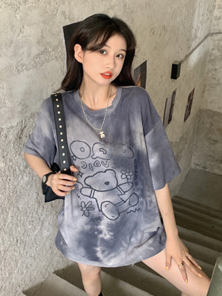 เสื้อยืดผู้หญิงแฟชั่น  ส่วนยาวหลวมของเวอร์ชั่นเกาหลีของฮาจูกุสไตล์มัดย้อมเสื้อยืด ใส่สบาย รหัส123