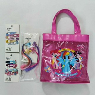 h&amp;m my little pony เซ็ต กิ๊ป 3 แพ็ค และกระเป๋าพลาสติกใสสีชมพู จาก Claires อังกฤษ UK 1 ใบ สำหรับเด็กผู้หญิง อายุ 3-10 ปี