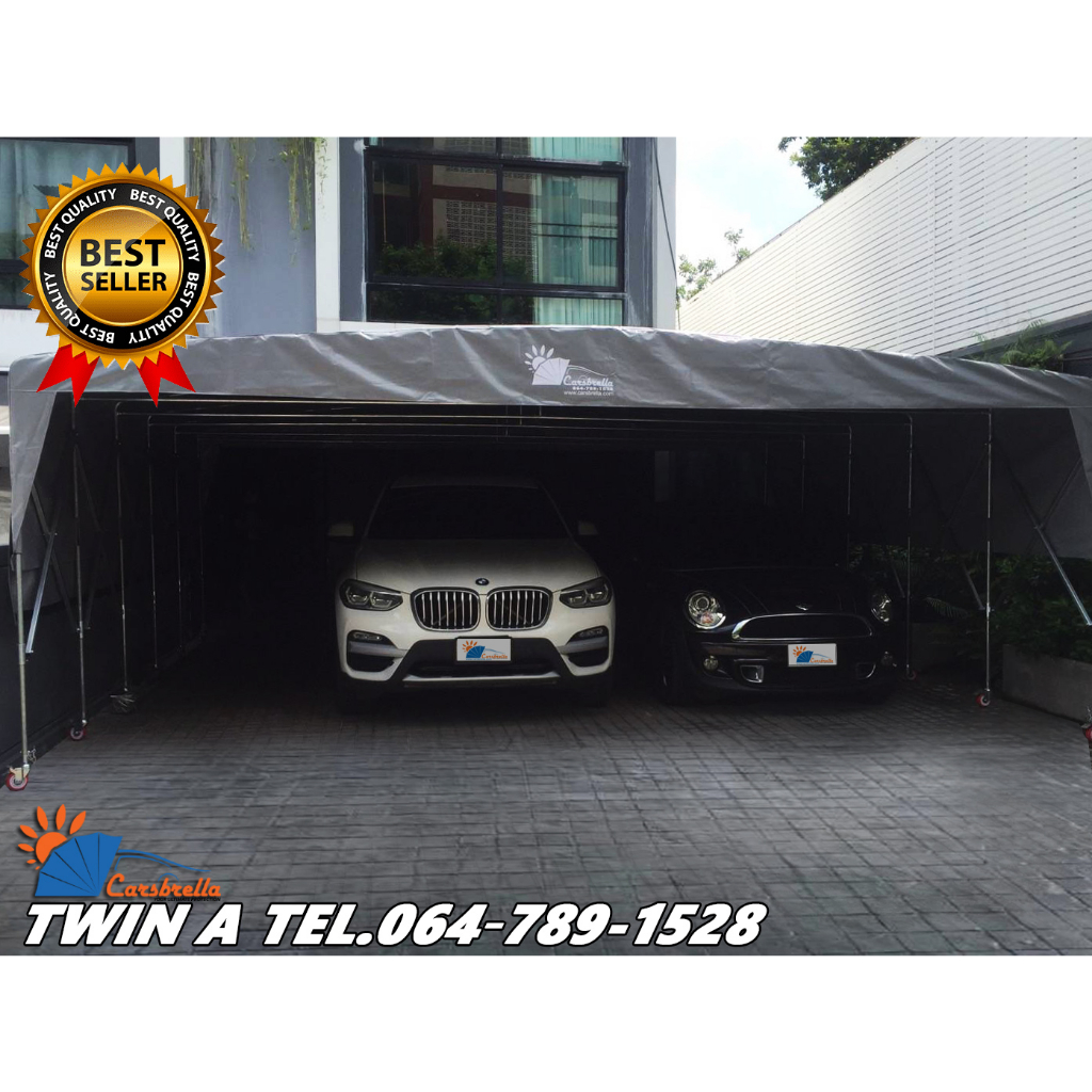 โรงจอดรถสำเร็จรูป-carsbrella-รุ่น-twin-a-สําหรับรถยนต์ขนาดเล็ก-กลาง-สามารถจอดรถได้-2-3-คัน-ป้องกันเแสงแดด