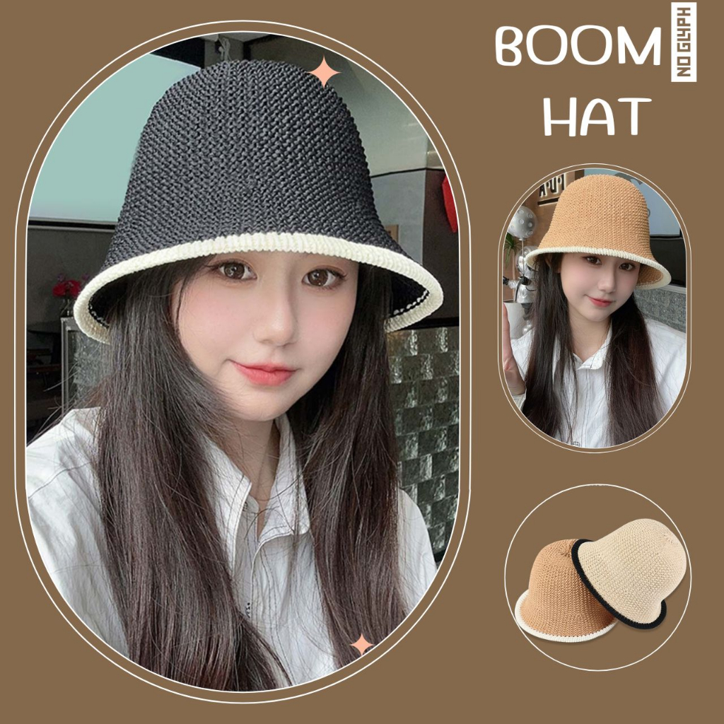 boom-หมวกบักเก็ตแฟชั่น-ฟางถัก-ทรงปีกสั้น-3-สี-แต่งขอบขาว-ดำ