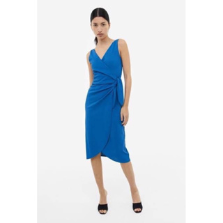 H&amp;M Midi dress เดรสสีน้ำเงิน สีครีม คอวี ทรงปิดไขว้ ผ้ายืด