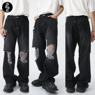 KR964 "Black Knight Jeans" กางเกงยีนส์ทรงกระบอกตรงเกาหลี เข่าขาด สีดำฟอกโครตเท่ห์ใส่แล้วเฟี้ยวมากก