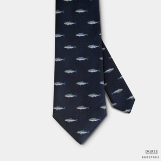 Mackerel Fish on Dark Navy Basket weave 3 Inch Necktie - เนคไทสีกรมลายปลาแมคเคอเรล