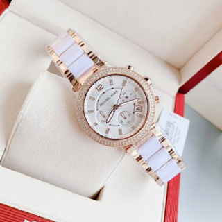(ผ่อน0%) นาฬิกา Michael Kors Womens MK5774  Parker Rose Gold-Tone White Watch โรสคาดอะซิเตทขาว หน้าปัดล้อทคริสตัล 38 มม
