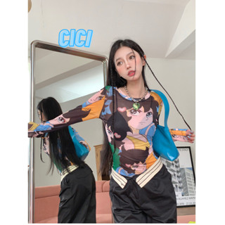 Cici(NO.J369)เสื้อแขนยาวซีทรูสไตล์Y2K พิมพ์ลายการ์ตูน แฟชั่นฤดูร้อนสุดๆ