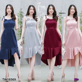 ส่งไว 1-2วันถึง 0018569 Dress คอหน้ารุดสายผูกไหล่ ด้านหลังยางยืดผ่าหน้าไขว้ต่อระบายชายเป็นหางปลา