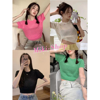 *Miki-Shop💕เสื้อถักไหมพรมแขนสั้น ซีทรูเบาๆสไตล์เกาหลีมาก99025*