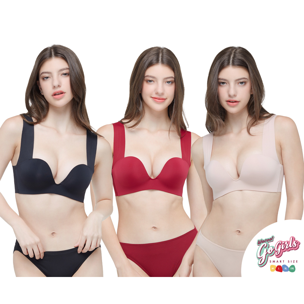 Wacoal Smart Size Go Girls วาโก้ S M L Bra set 3 ชิ้น รุ่น WB3Y27 สีเบจ แดง ดำ