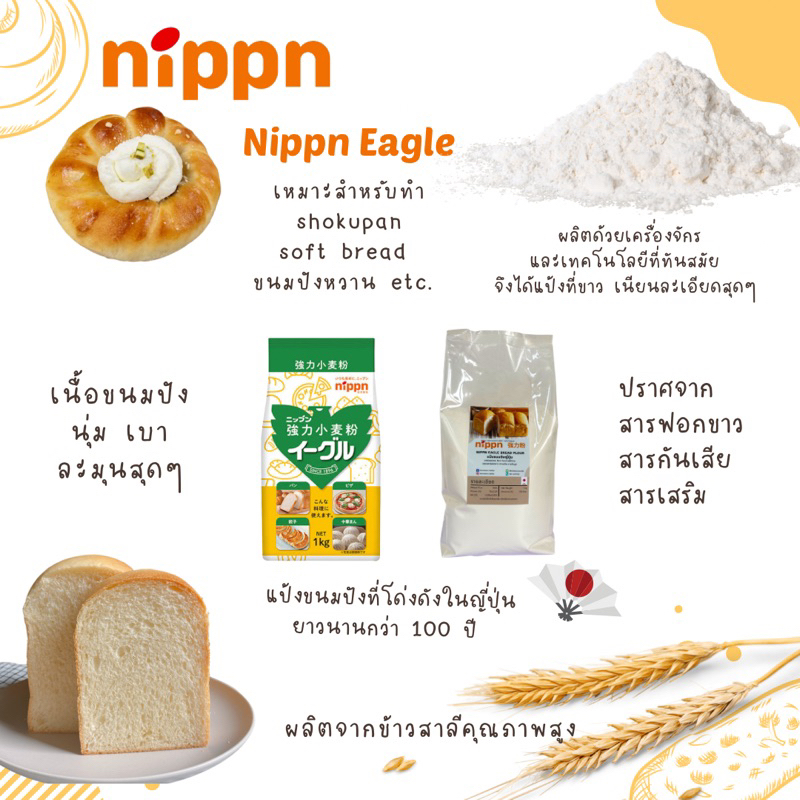 ภาพสินค้าแป้ง Nippn Eagle แป้งนิปปอน แป้งขนมปังญี่ปุ่น NIPPN Eagle Bread Flour ขนาดแบ่งบรรจุ 1 kg จากร้าน homlamun.vanilla บน Shopee ภาพที่ 2