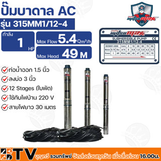 Mitsumax ปั๊มบาดาล 1HP (1แรงม้า) ท่อออก 1.5 นิ้ว 12 ใบพัด สำหรับลงบ่อ 3 นิ้ว ใช้กับไฟบ้าน 220V รุ่น 315MM1/12-4