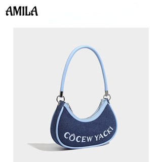 AMILA เย็บผ้าเดนิมตัวอักษรสีตัดกันกระเป๋าใต้วงแขนกระเป๋า Messenger แฟชั่นใหม่