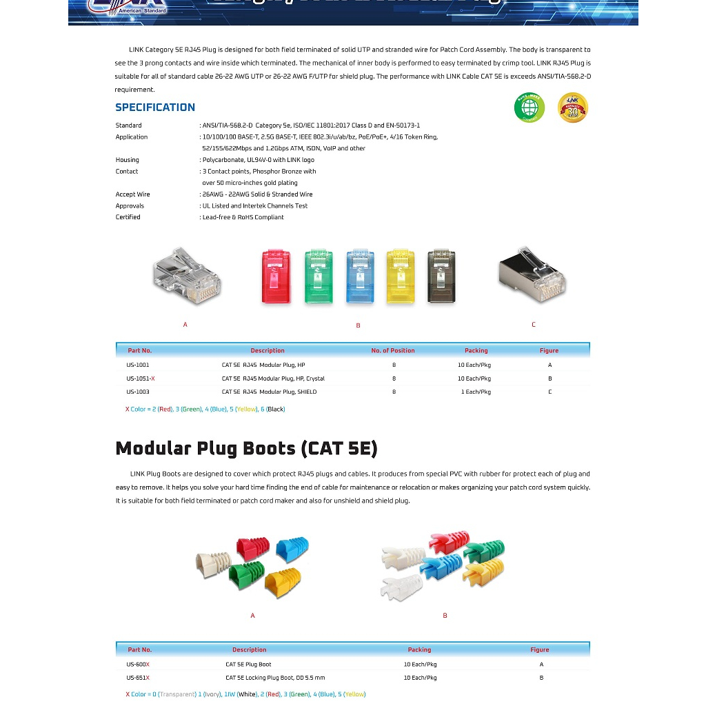 link-หัวแลน-rj45-cat5e-หลากสี-รุ่น-us-1051-2-us-1051-3-us-1051-4-us-1051-5-us-1051-6-แพ็ค-10-ตัว