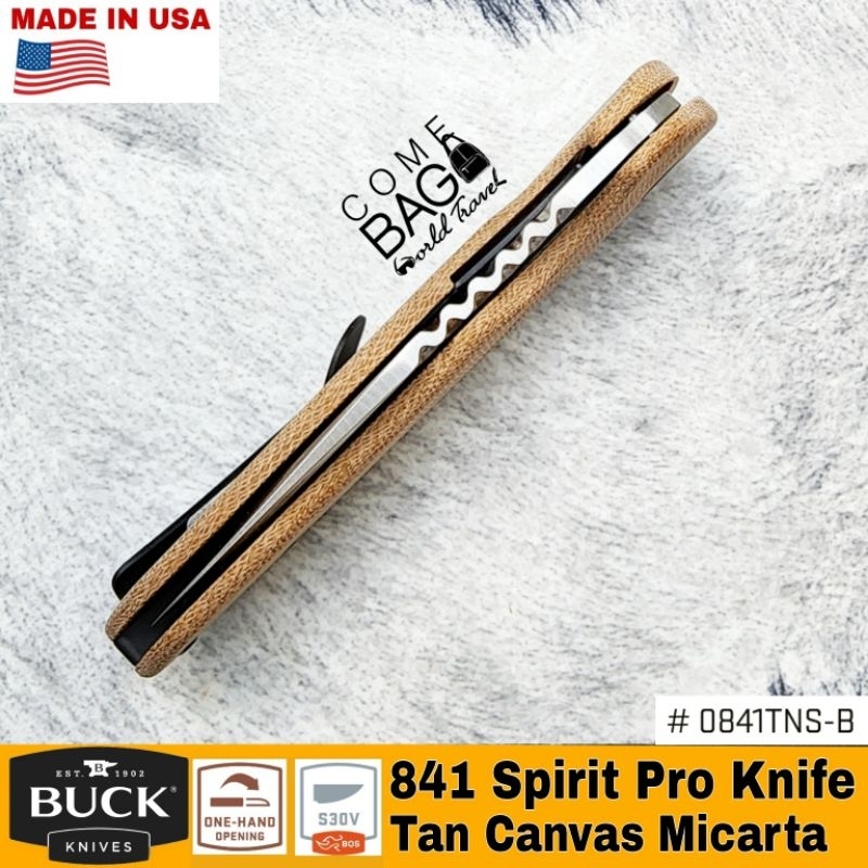 มีดbuck841-sprint-pro-flipper-knife-3-125-s30v-stainless-steel-drop-point-natural-canvas-micarta-handles-made-in-usa