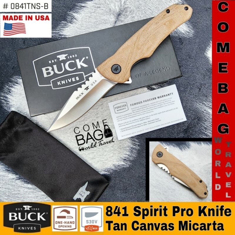 มีดbuck841-sprint-pro-flipper-knife-3-125-s30v-stainless-steel-drop-point-natural-canvas-micarta-handles-made-in-usa