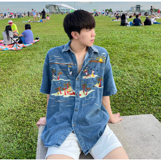 เสื้อเชิ้ตยีนส์แขนสั้นโอเวอร์ไซต์ งานปักเกาหลีพรีเมียม Summer jeans Shirt Premium