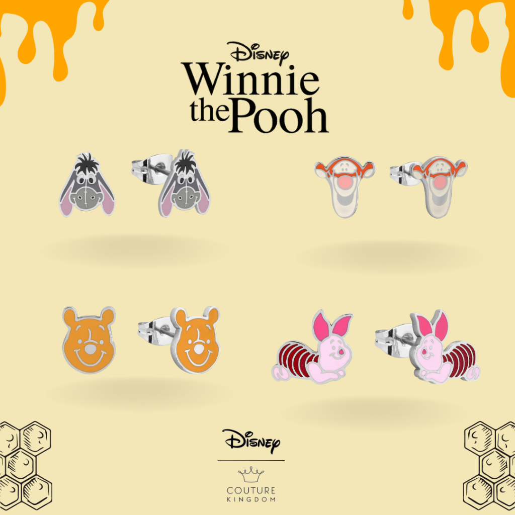 DISNEY COUTURE KINGDOM WINNIE THE POOH HUNNY POT STUD EARRINGS WHITE GOLD PLATED main image 1