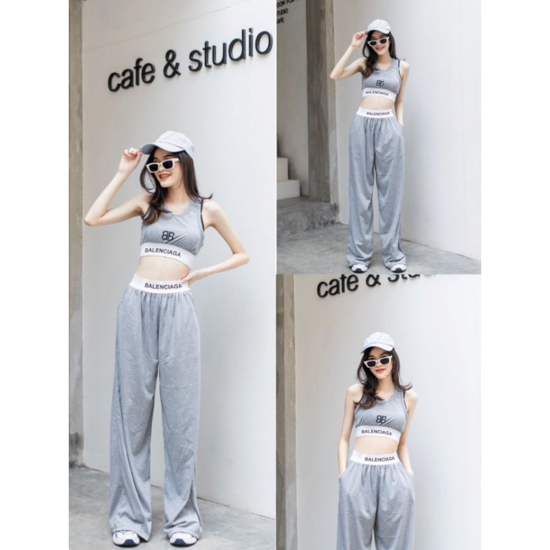 set-เสื้อกล้ามครอปทรงสปอร์ต-เข้าชุดกับกางเกงขายาวทรงปล่อย-แต่งขอบยาง-สกรีน-balenciaga