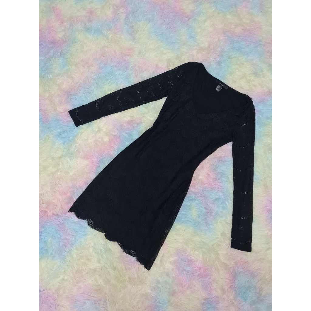 size-s-ยี่ห้อ-forever21-dress-ลูกไม้ดำล้วน-แขนซีทรู-ซับในทั้งตัว-ผ้ายืดได้ดี