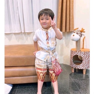 ชุดไทยเด็กคอจีนอโยธยาผ้าต่วนโจงพิมพ์ทอง ชุด 1