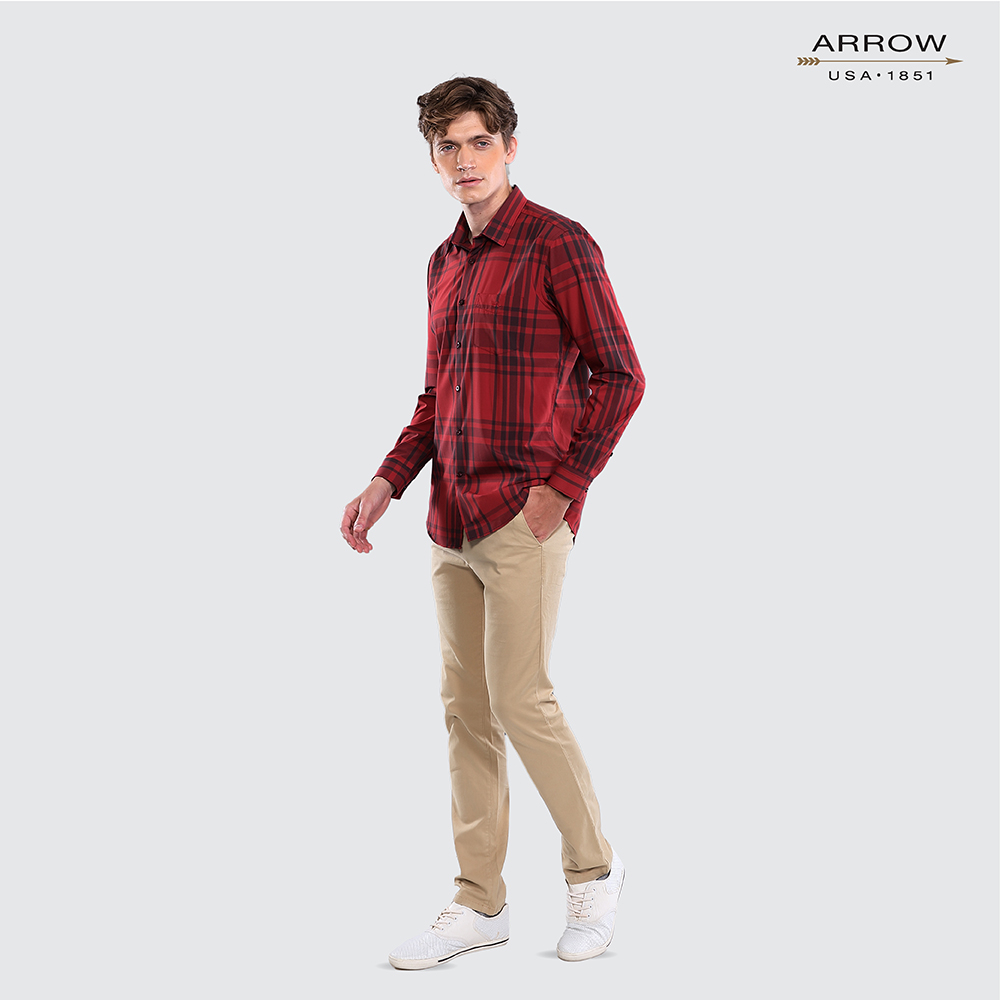 arrow-bamboo-shirt-สัมผัสนุ่ม-สวมใส่สบาย-ระบายอากาศดี-เสื้อเชิ้ตทำงานแขนยาว-ลายตาราง-สีแดง-ทรง-slim-fit-รหัสmacs108s3bsre