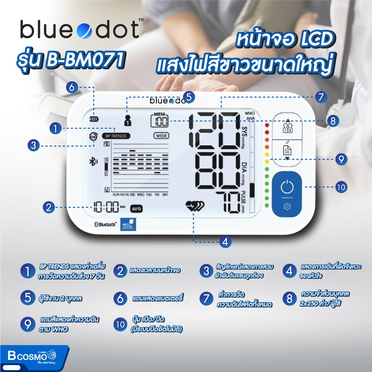 เครื่องวัดความดัน-ที่ต้นแขน-เครื่องวัดความดันดิจิตอล-bluedot-รุ่น-b-bm071-รับประกันสินค้า-5-ปี