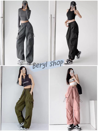 Beryl🌻กางเกงลำลอง🌷สไตล์สตรีทสไตล์อเมริกัน ชุดหลวมสีดำ/เทาของผู้หญิงขาตรง ทรงหลวม กางเกงขากว้างแบบมีเชือกผูก