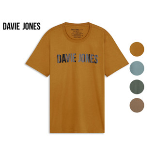 DAVIE JONES เสื้อยืดพิมพ์ลายโลโก้ สีน้ำตาล สีฟ้า สีเขียว สีกากี Logo Print T-Shirt in green TB0298BR SL GR KH