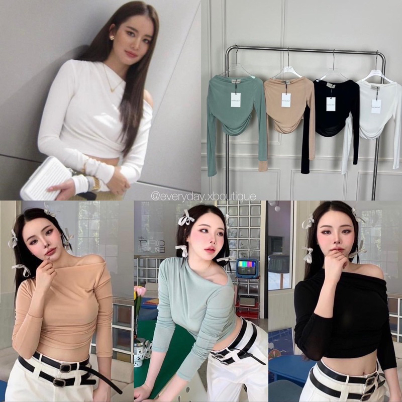 off-shoulder-top-320ฟรีส่ง-เสื้อแขนยาวปาดไหล่-โชว์ผิวสวยน่ารักสุดๆค่ะรุ่นนี้-เนื้อผ้าribร่อง-ยืดหยุ่น-ใส่สบาย-valen