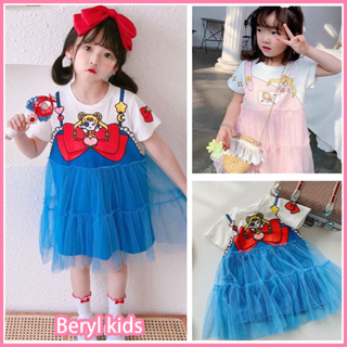 Beryl kids🌸ชุดเด็กผู้หญิง เสื้อผ้าเด็กผญ🎀ชุดเดรสพิมพ์ลายการ์ตูนสาวสวยสไตล์เกาหลี ชุดเดรสเจ้าหญิงตาข่าย