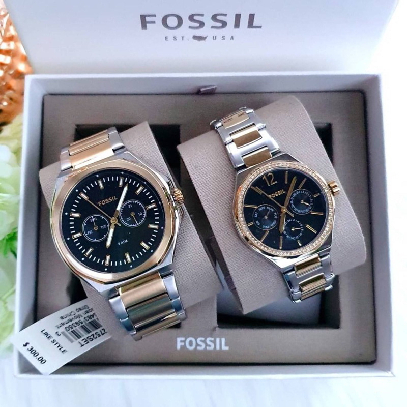 ผ่อน0-เซ็ทนาฬิกาคู่-fossil-his-and-hers-multifunction-two-tone-stainless-steel-watch-bq2752set-ปัดสีดำ-45mm-36mm