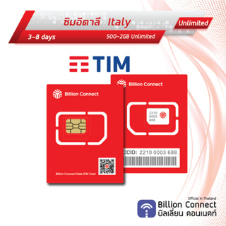 Italy(Europe 43) Card Unlimited Daily 500MB-2GB : ซิมอิตาลี่ 3-8 วัน by ซิมต่างประเทศ Billion Connect