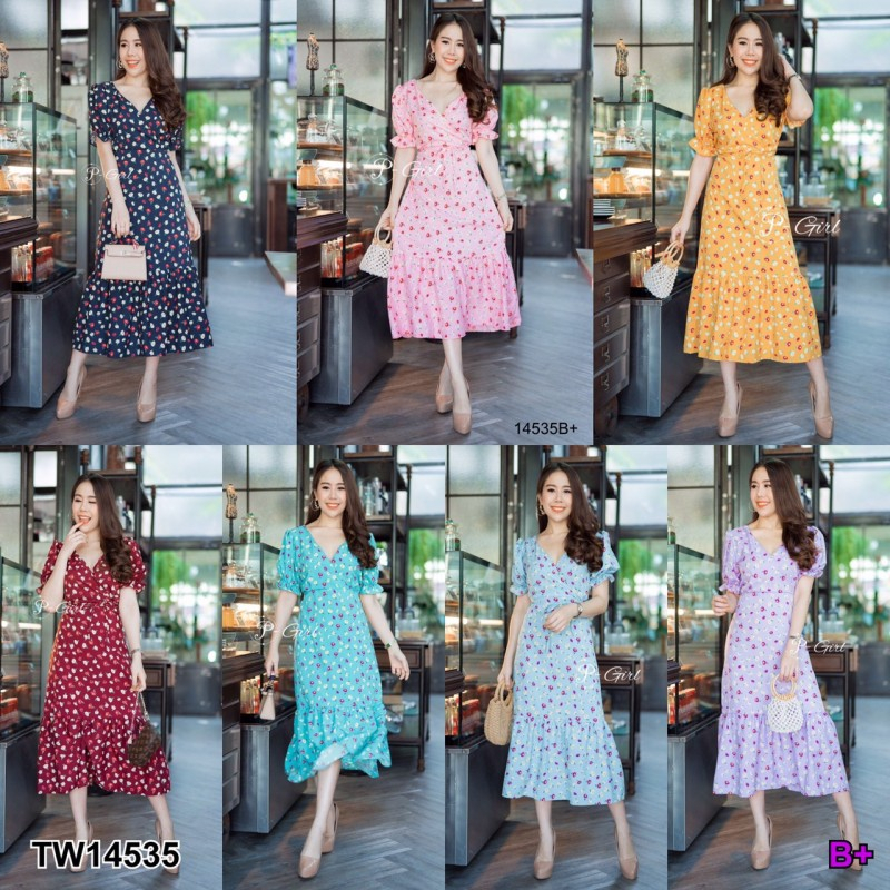 tw14535-dress-เดรสคอวีไขว้-แขนตุ๊กตา