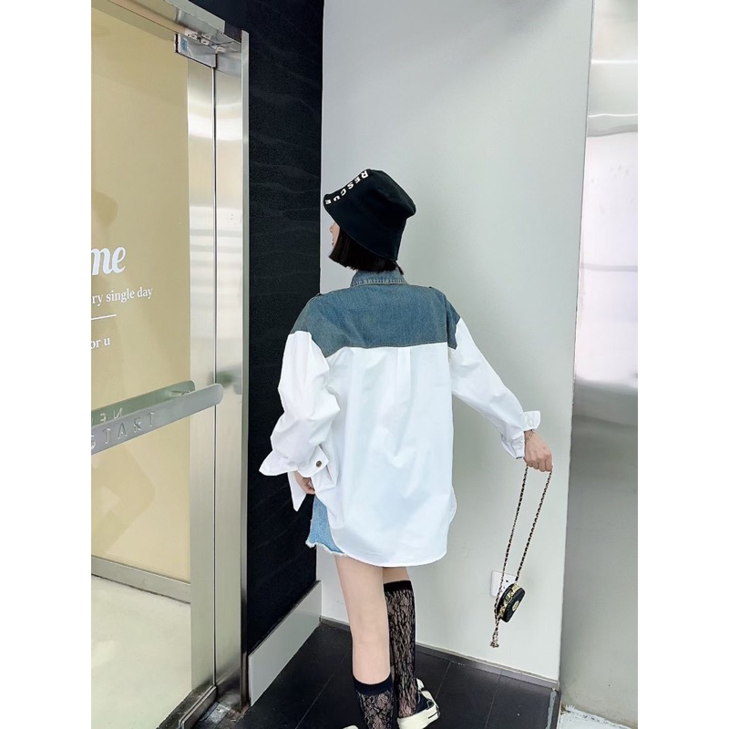 เสื้อเชิ้ตยีนส์-แขนยาว-แต่งผ้ายีนส์ด้านบน-ช่วงไหล่แต่งซิปรูดได้-สไตล์เกาหลี