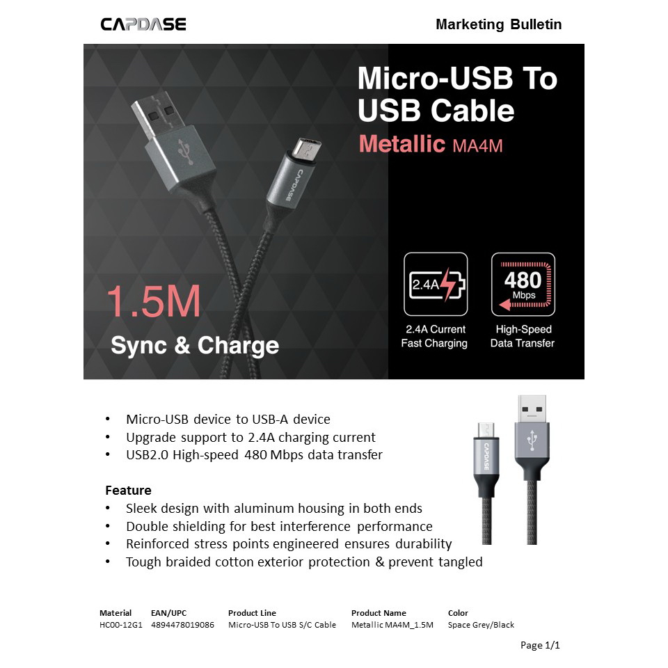 สายชาร์จ-capdase-micro-usb-to-usb-cable-metallic-480mbps-สินค้าพร้อมส่งและเคลมจากไทย-จำหน่ายราคาปลีกและส่ง