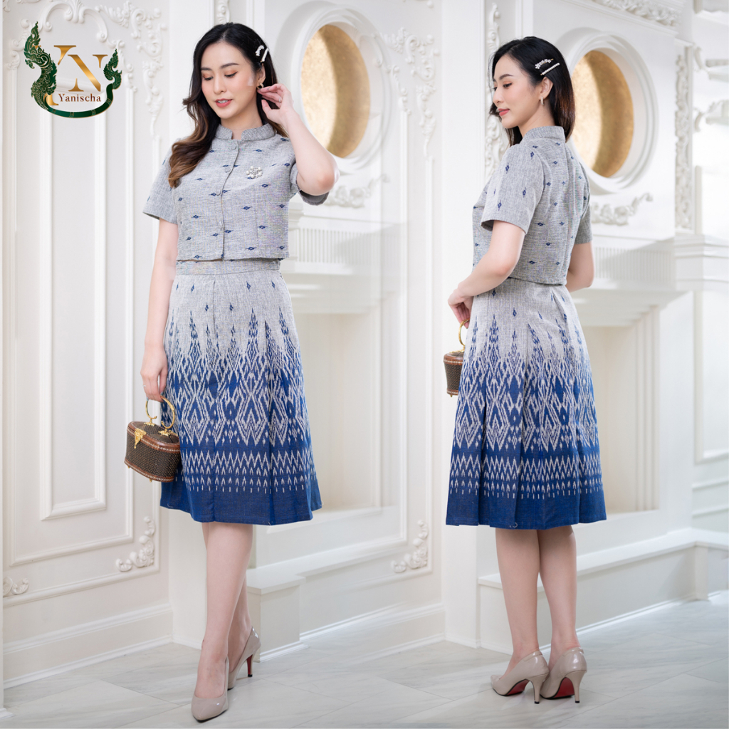 เซ็ทอมรรัตน์ ผ้าฝ้ายทอลาย สีเทา-น้ำเงิน งานช่างไทย 20 ปี พร้อมส่ง!