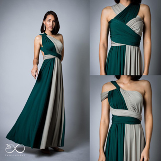 268 Dress สี ToneTwo Dark Green-Beige (free size) เดรสที่ใส่ได้มากกว่า 50 แบบ หมดปัญหาต้องคอยซื้อชุดใหม่สำหรับงานต่อไป