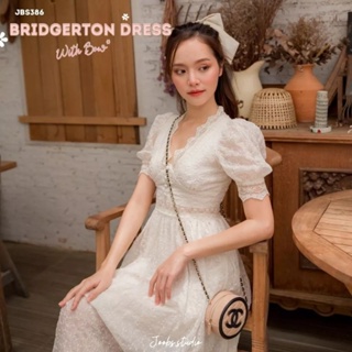 [ใหม่][แท้][มือหนึ่ง]​ JBS386 Bridgerton Dress with Bow เดรสคุณหนู เดรสออกงาน เดรสน่ารัก เดรสสีครีม เดรสขาว แถมโบว์