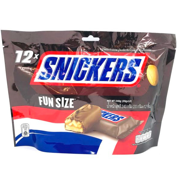 snickers-fun-size-ช็อกโกแลตสนิกเกอร์ส-ถั่วลิสงคาราเมล-และนูกัตเคลือบช็อกโกแลตนม-1แพ็คบรรจุ12ชิ้น