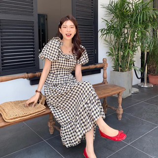 พร้อมส่ง! Gingham minimal dress C3902 🍞🍮 เดรสยาวมินิมอล เดรสยาวปาดไหล่ เดรสยาวระบายๆ