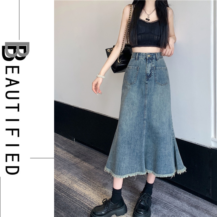 Beautified กระโปรงยีนส์ยาว หางปลา ไม่ผ่า กุลสตรี V27 | Shopee Thailand