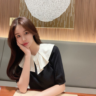 [ใส่โค้ด WVFZCZ][มีรูปถ่ายสินค้าจริง] เสื้อนิตคอกลม แขนสั้นพองนิดๆ ดูดีสุดๆ กิมมิกที่ปกสีครีมสามารถถอดได้ด้วยกระดุมรอบคอ