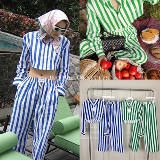 💫พร้อมส่ง💫CASA striped set • ชุดเซ็ท ลายทาง รุ่นใหม่ เสื้อเชิ้ตทรงครอป มาพร้อมกางเกงทรงกระบอก ปักโลโก้นูนกระเป๋าอก valen