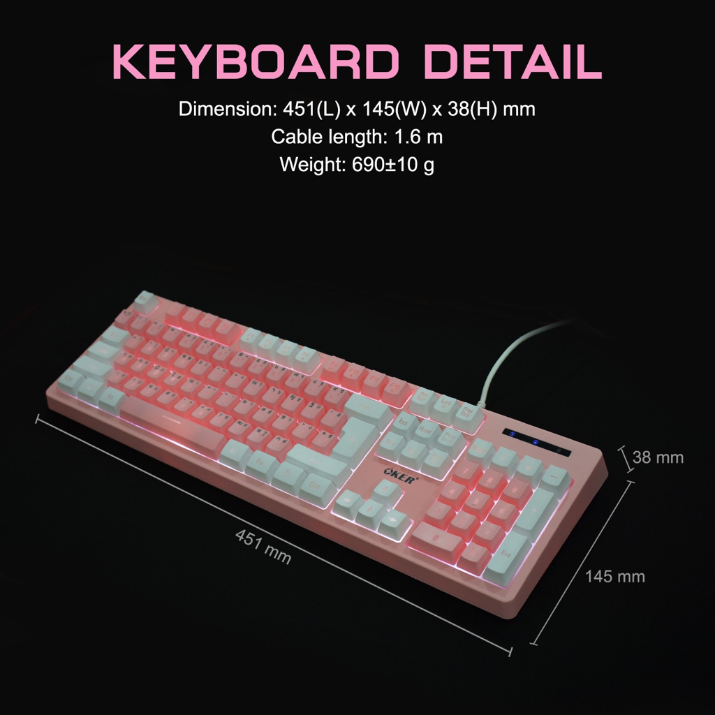 แท้100-oker-kb-911-kb-912-คีย์บอร์ด-เกมมิ่ง-สีชมพู-ไฟทะลุ-rose-pink-backlit-gaming-keyboard-rgb-สวยมากๆ