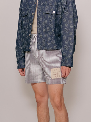 CLUB ✿ 18 Stripe-Textured Pajama Shorts in Navy/White | กางเกงขาสั้น ผ้า Seersucker ลายริ้ว สีกรมท่าสลับขาว