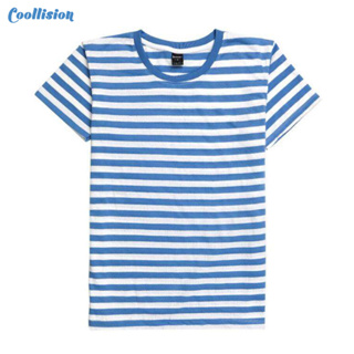 #Coollision-Happy Blue-เสื้อยืดแขนสั้นลายทางสีขาวฟ้าแจ่ม เสื้อลายทาง ริ้ว1 unisex