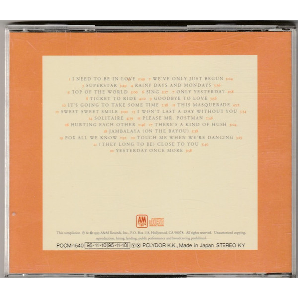 cd-carpenters-twenty-two-hits-of-the-carpenters-japan-ปกแผ่นสวยสภาพดี-แผ่นมีรอยบ้างไม่มากใช้งานได้-แผ่นลิขสิทธิ์แท้