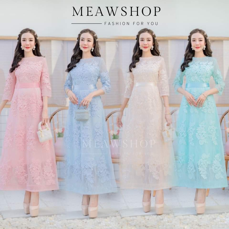 เดรสลูกไม้ไฮโซ M-4XL ชุดเดรสยาวออกงาน พรางพุง สายโบว์ ไซส์ใหญ่ถึง4XL